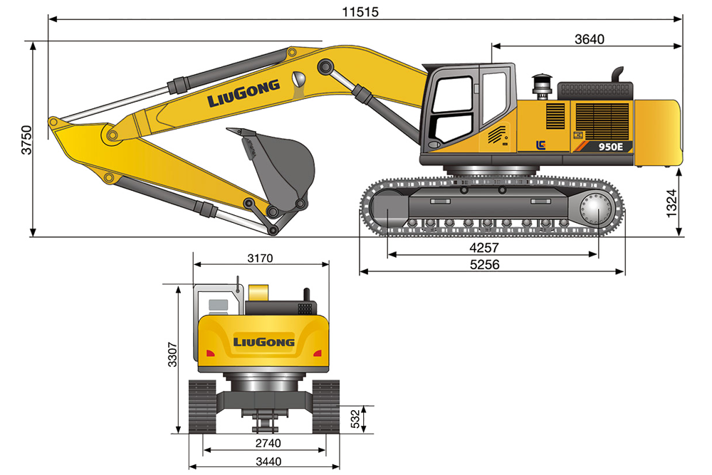 Liugong 950E excavator dimensions and working range diagram