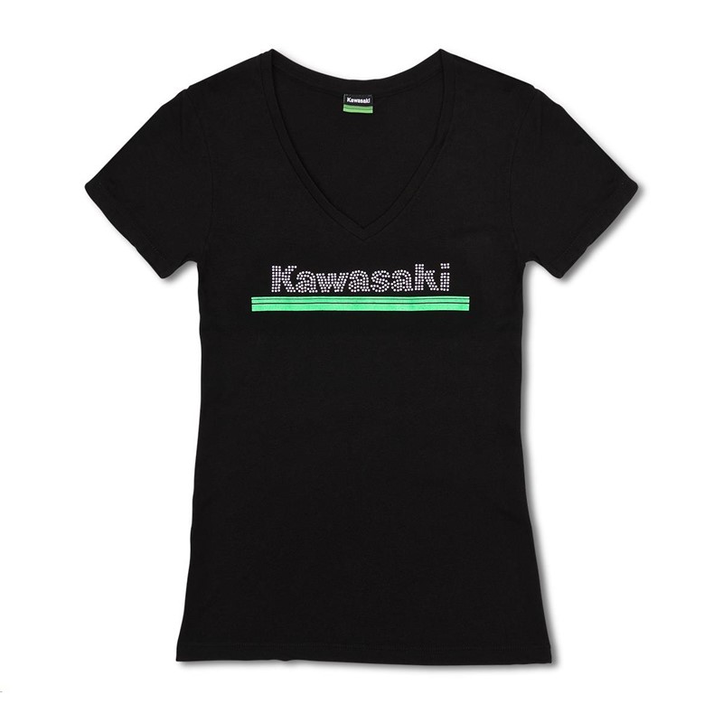 Women's Kawasaki 3 Green Lines Rhinestone V-Neck Tee K019